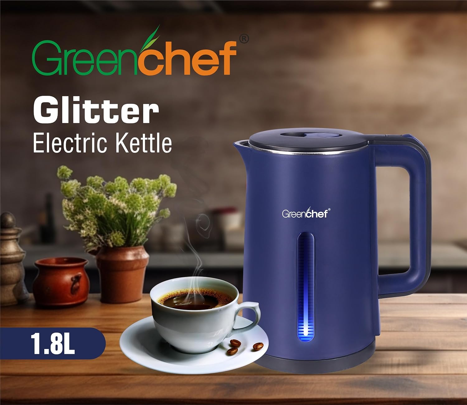 Greenchef Glitter Cordless Pot with cool touch body 1500 watts Blue Electric Kettle Auto shut off